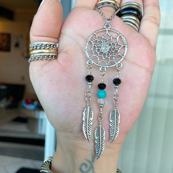 Dream catcher necklace . Herkimer diamonds turquoise gemstone boho jewelry - Picture 6 of 9
